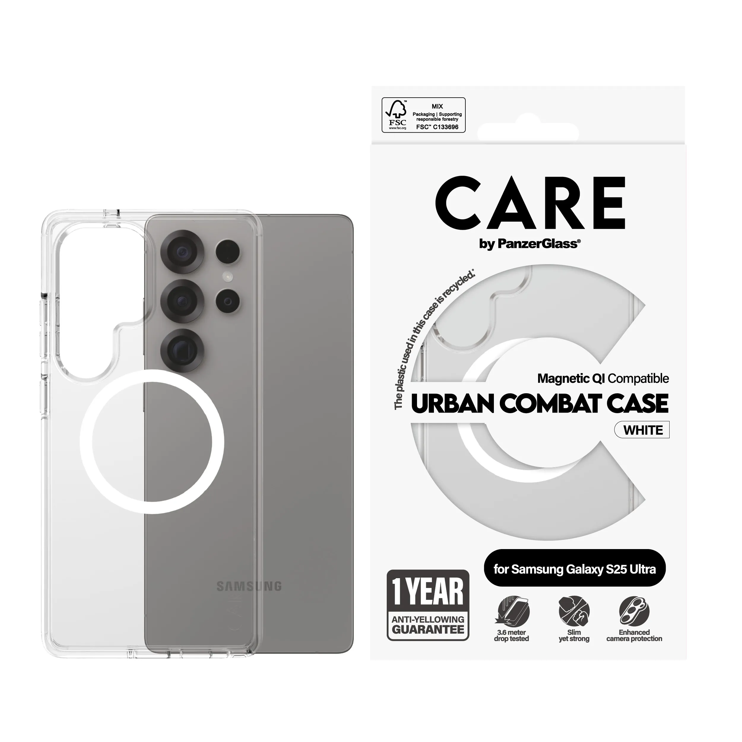 Care by PanzerGlass Galaxy S25 Urban Combat skal, Transparent, Qi Compatible