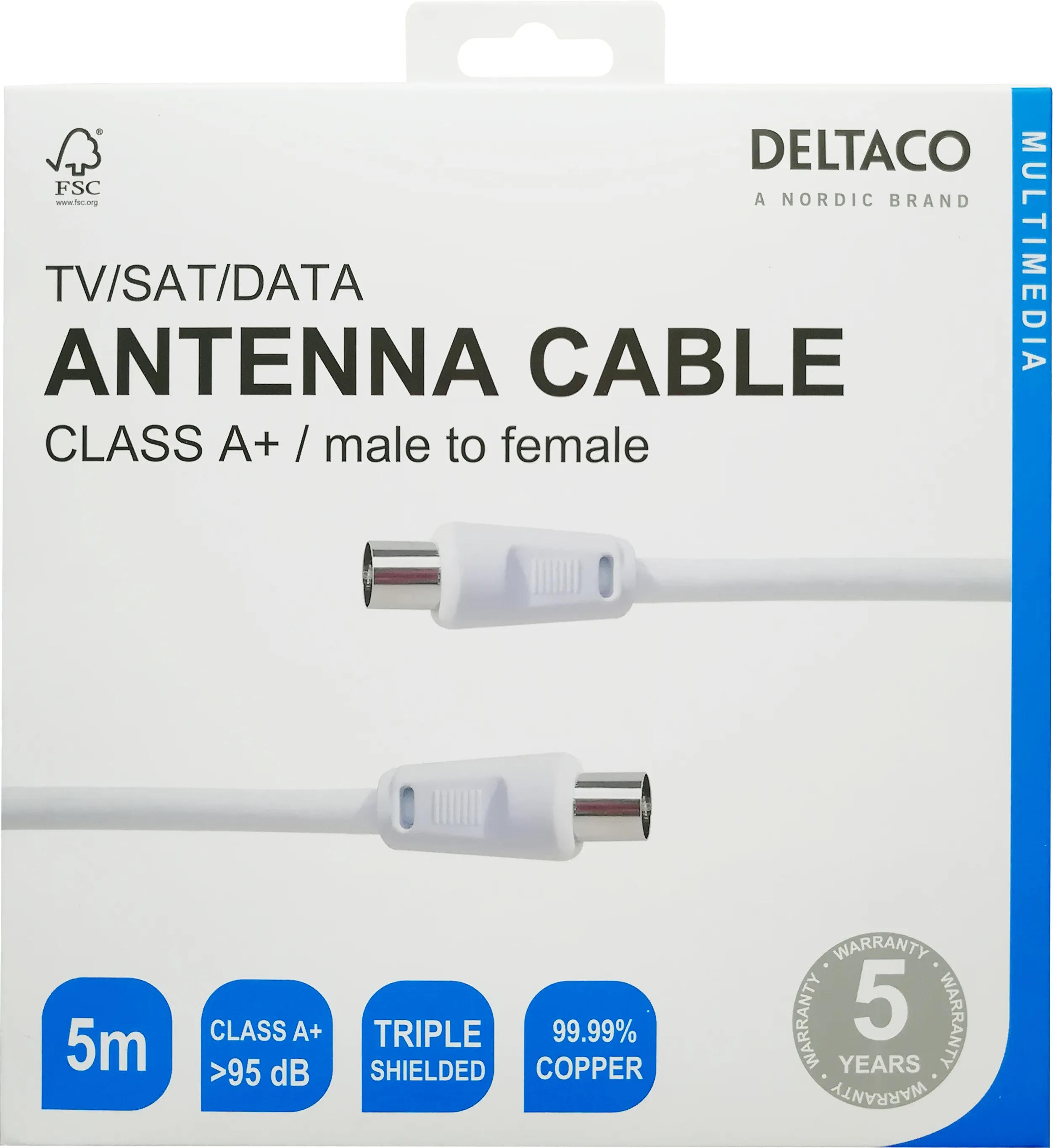 Deltaco IEC 169-2 hane-hona 5 m - Antennkabel, vit