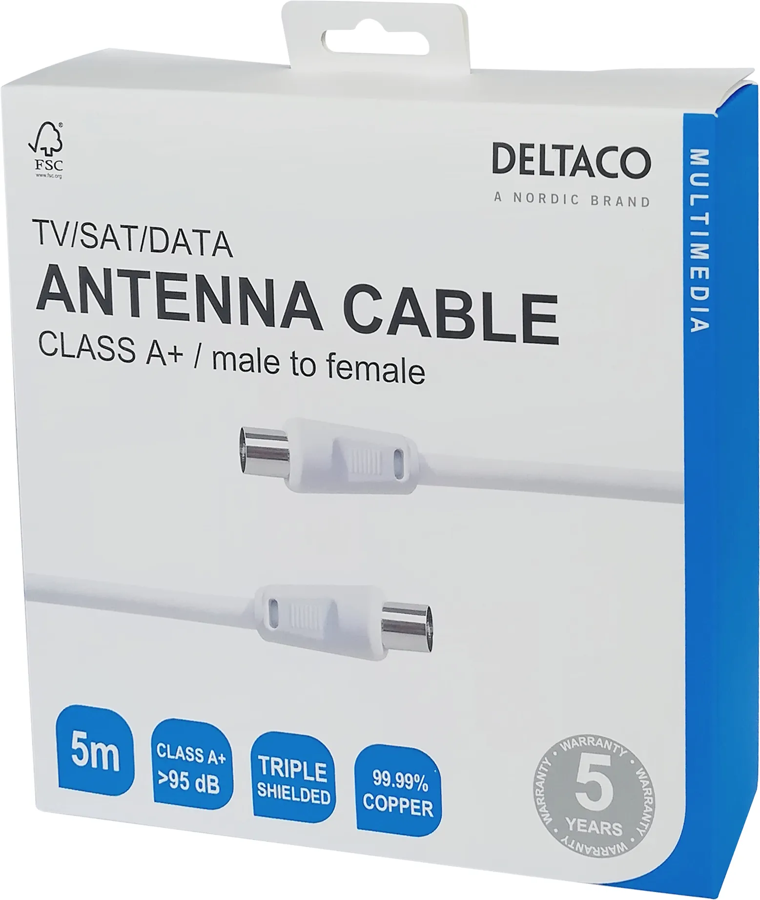 Deltaco IEC 169-2 hane-hona 5 m - Antennkabel, vit