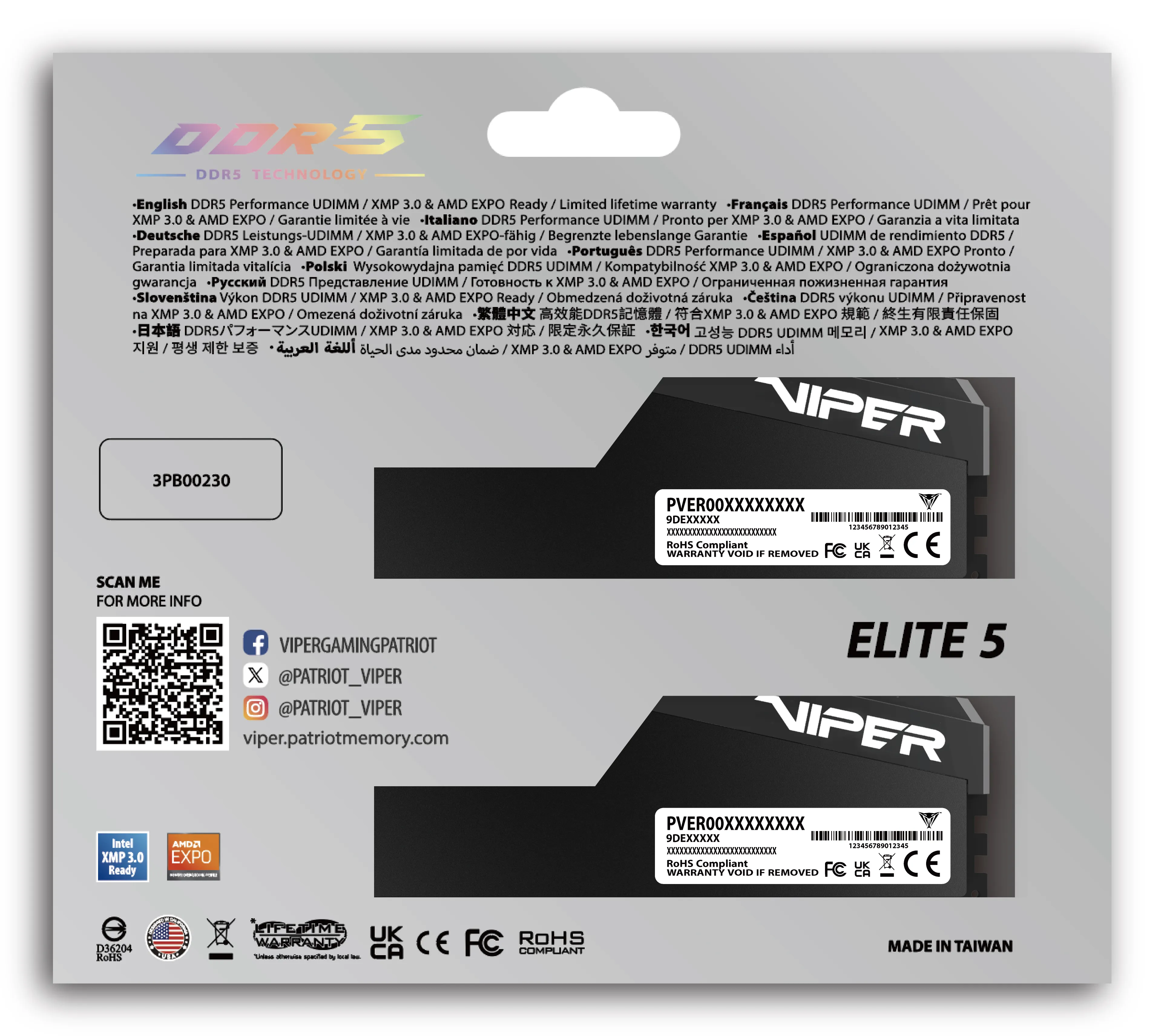 Patriot Viper Elite 5 32 GB (2 x 16 GB) DDR5 6000 MHz, CL28 minne, vit (XMP/EXPO)