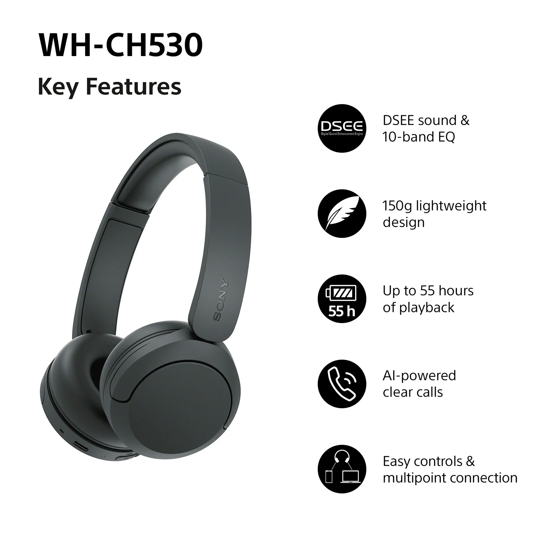 Sony WH-CH530 Wireless On-ear Headphones, Black