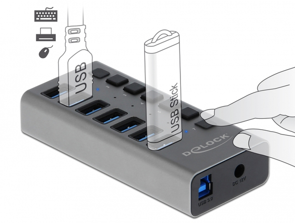 External USB 3.0 Hub with 7 Ports + Switch