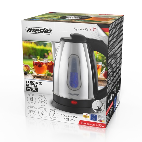 ADLER Mesko MS 1353 vattenkokare, 1,8 l, 2200 W, svart/silver