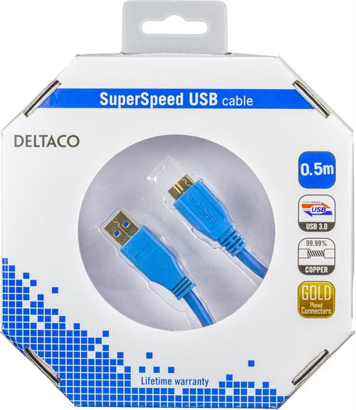 DELTACO USB 3.0 kaapeli Tyyppi A uros-Tyypp Micro B uros, 0,5m,sininen