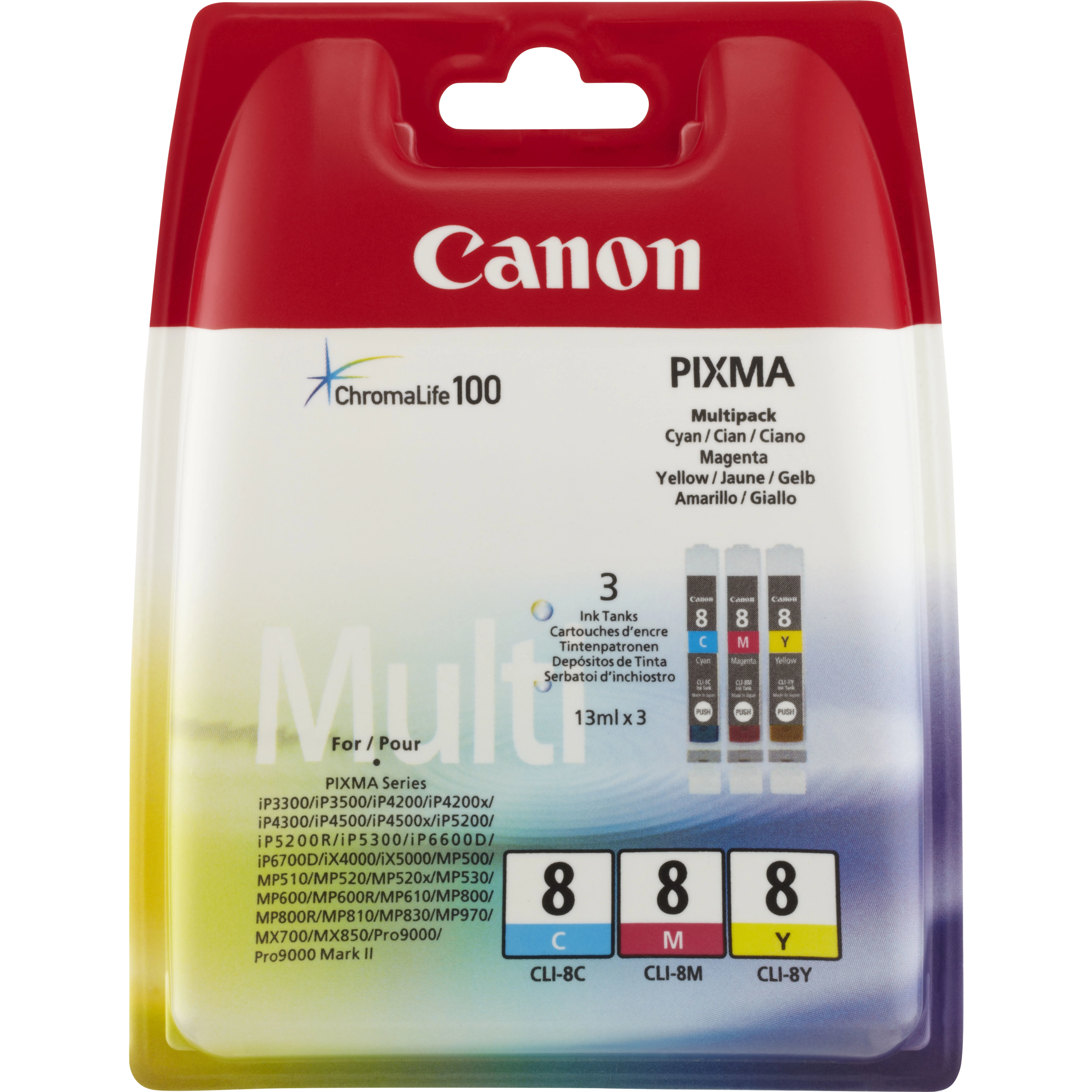Canon CLI-8 Multipack - 3 pakettia - keltainen, sinivihre&auml;, magenta - alkuper&auml;inen - mustes&auml;ili&ouml; malleihin PIXMA iP6600D, iP6700D, Pro9000, Pro9000 Mark II