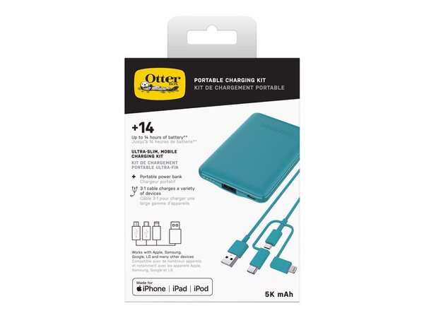 OtterBox Standard Mobile Charging Kit - Virtapankki - 5000 mAh - 10.5 watt - 2.1 A - Apple Fast Charge, FC (USB) - johdossa: Micro-USB, USB, USB-C - nekunsinine