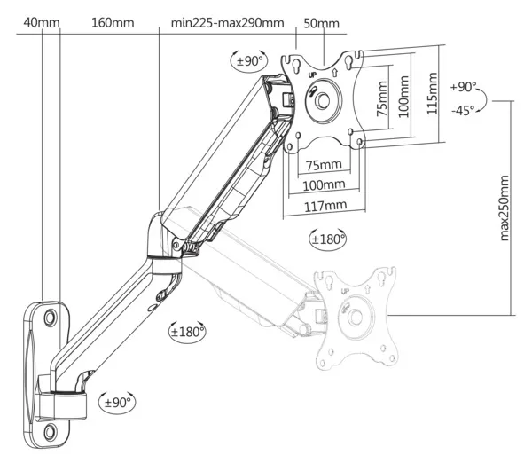 Deltaco Office Gas Spring - monitor arm, black, 17&quot;-32&quot;, 9Kg