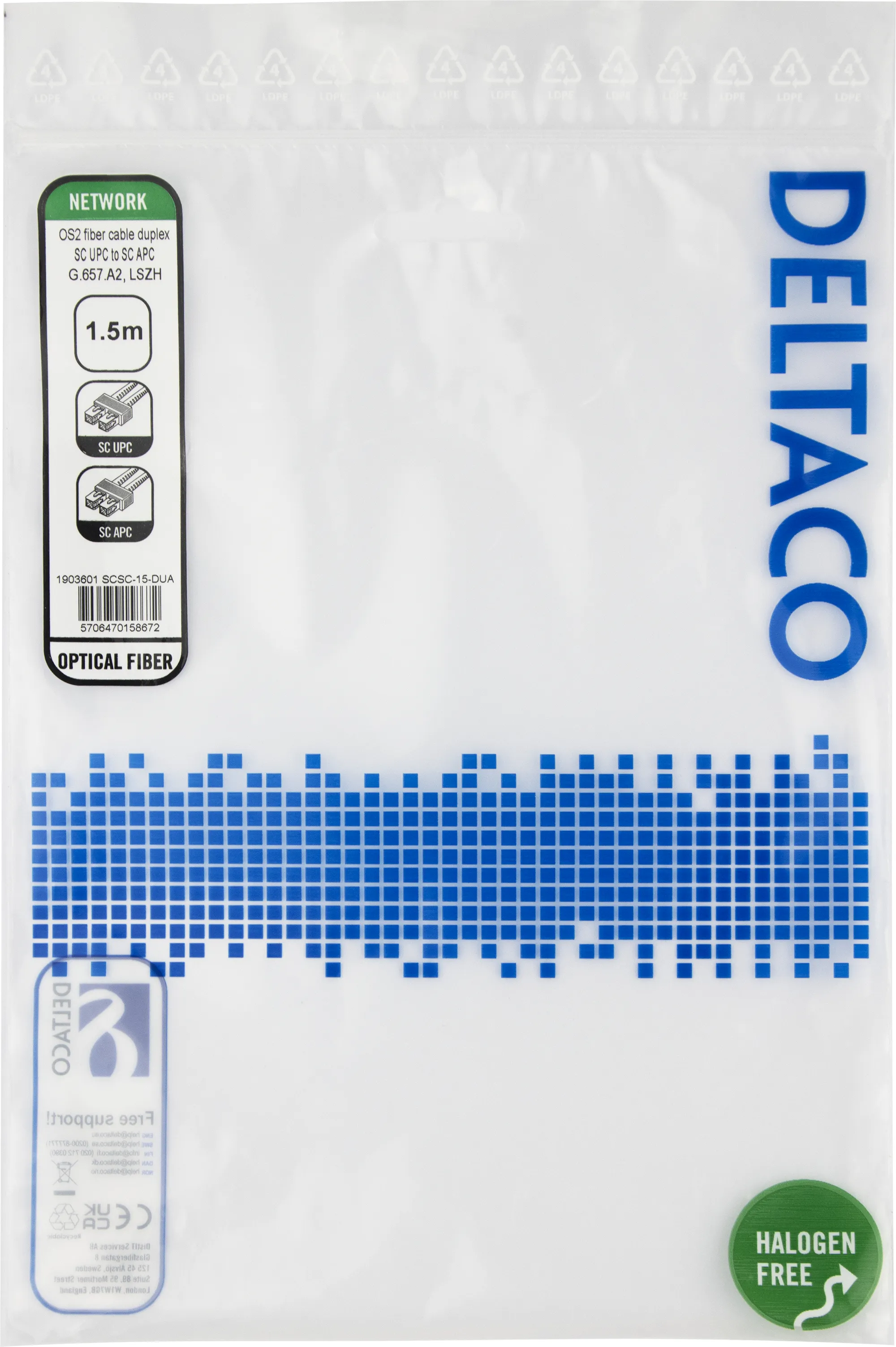 Deltaco OS2 LSZH SC-SC 1.5m Fiber Optic Cable, Yellow