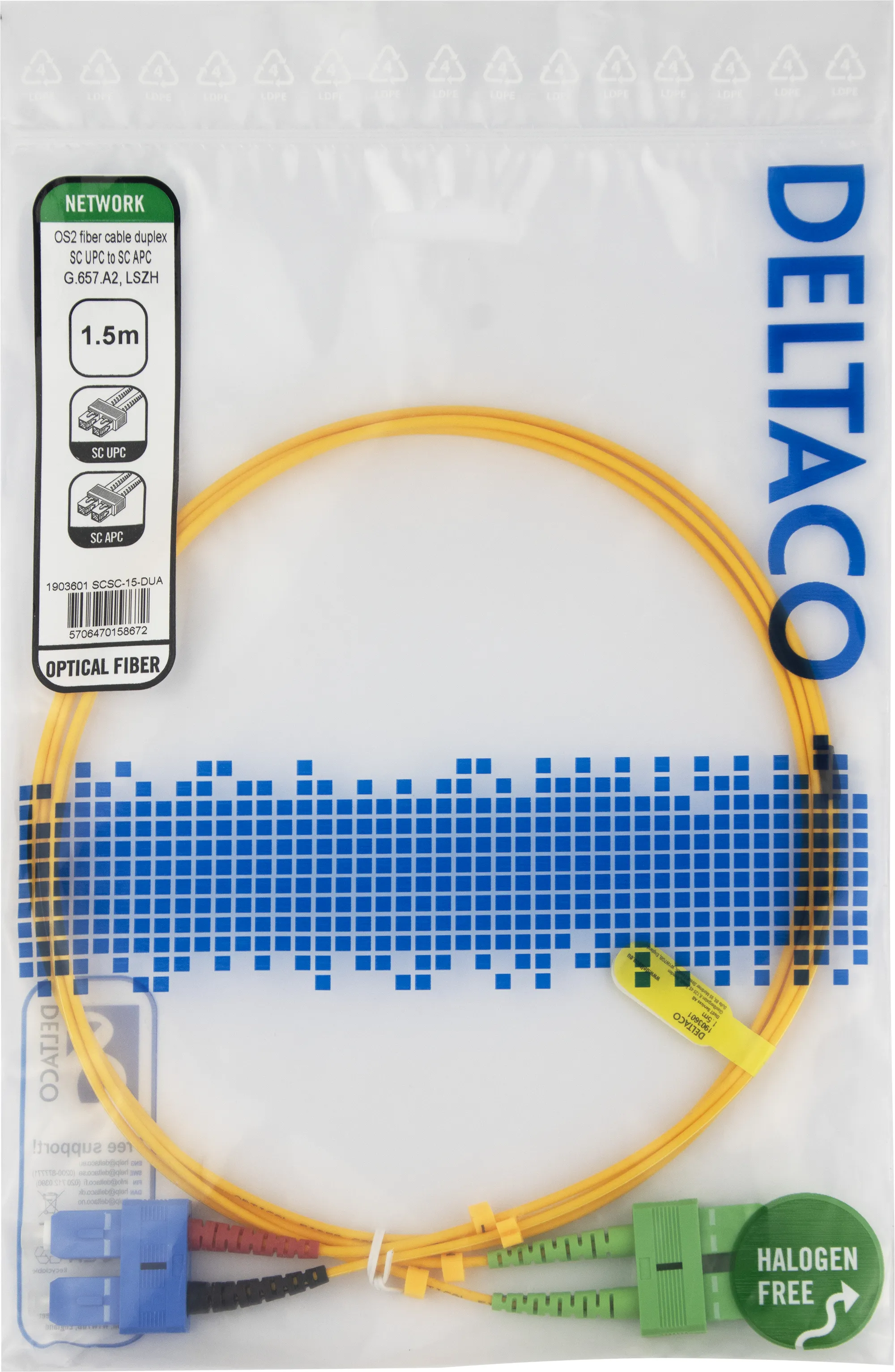 Deltaco OS2 LSZH SC-SC 1.5m Fiber Optic Cable, Yellow
