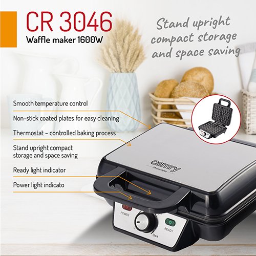 ADLER Camry CR 3046 -vohvelirauta, musta, 1000 W