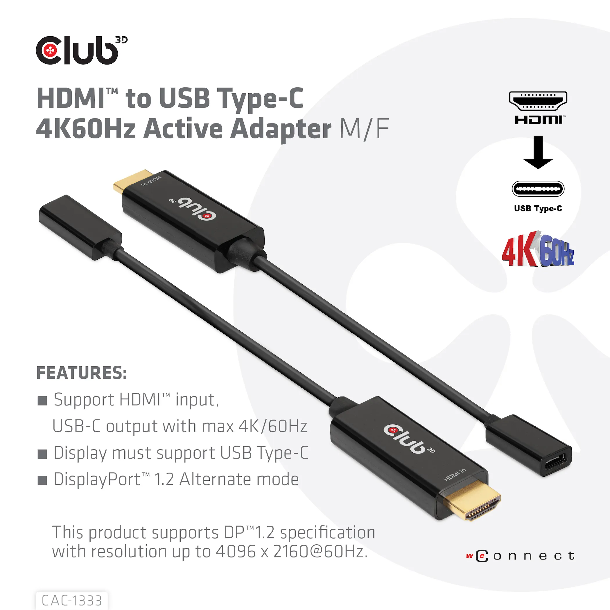 Club 3D HDMI - USB-C 4K60Hz active - adapter, Black
