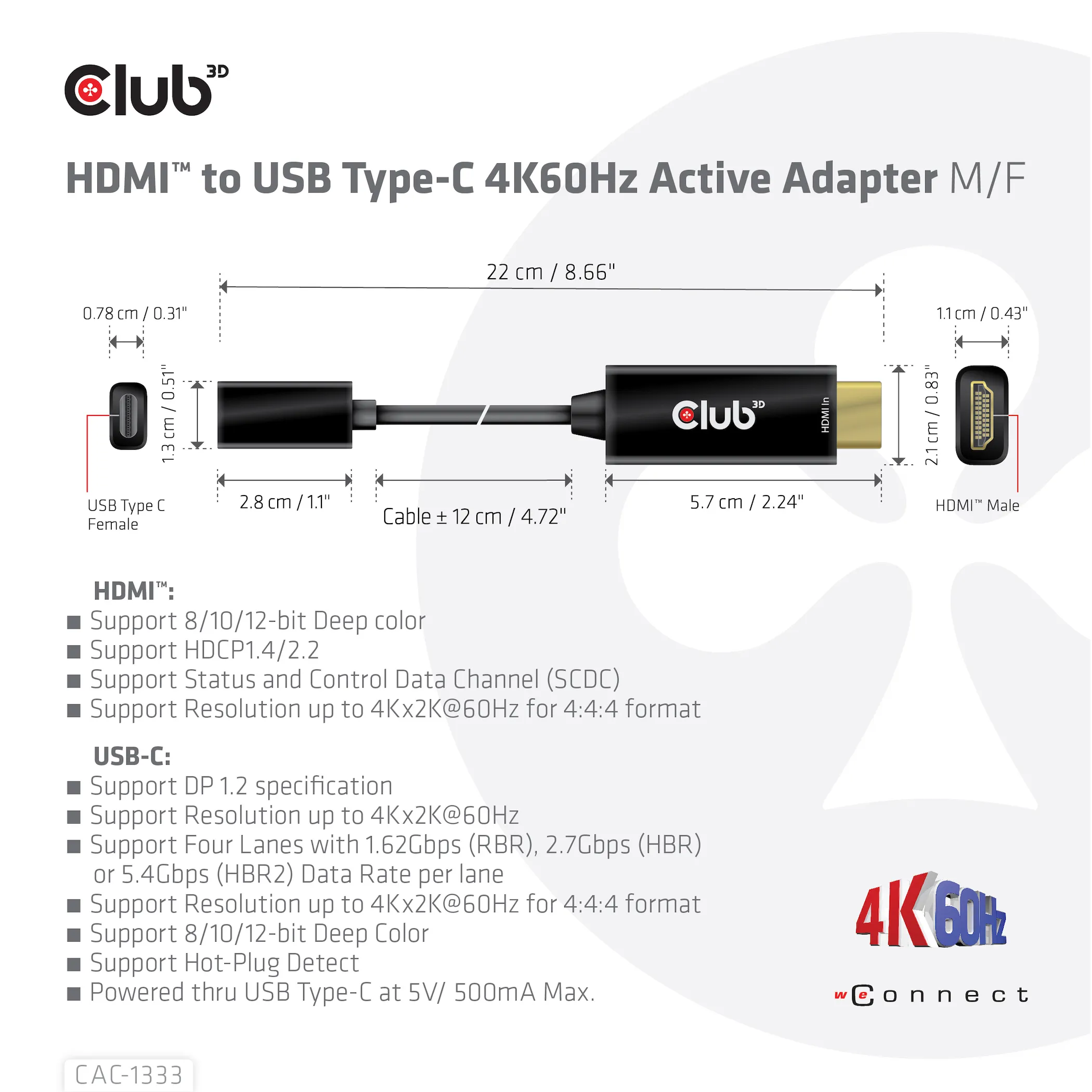 Club 3D HDMI - USB-C 4K60Hz active - adapter, Black