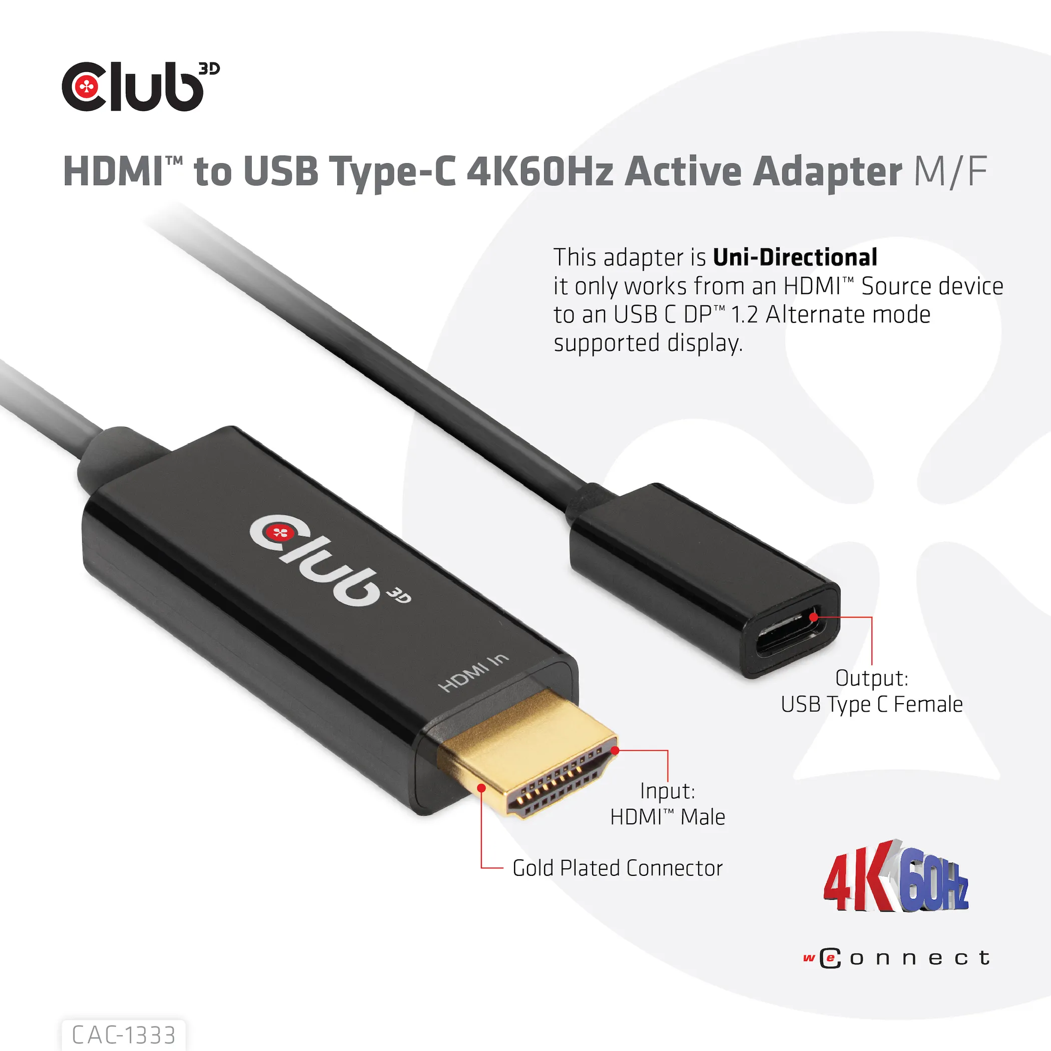 Club 3D HDMI - USB-C 4K60Hz active - adapter, Black