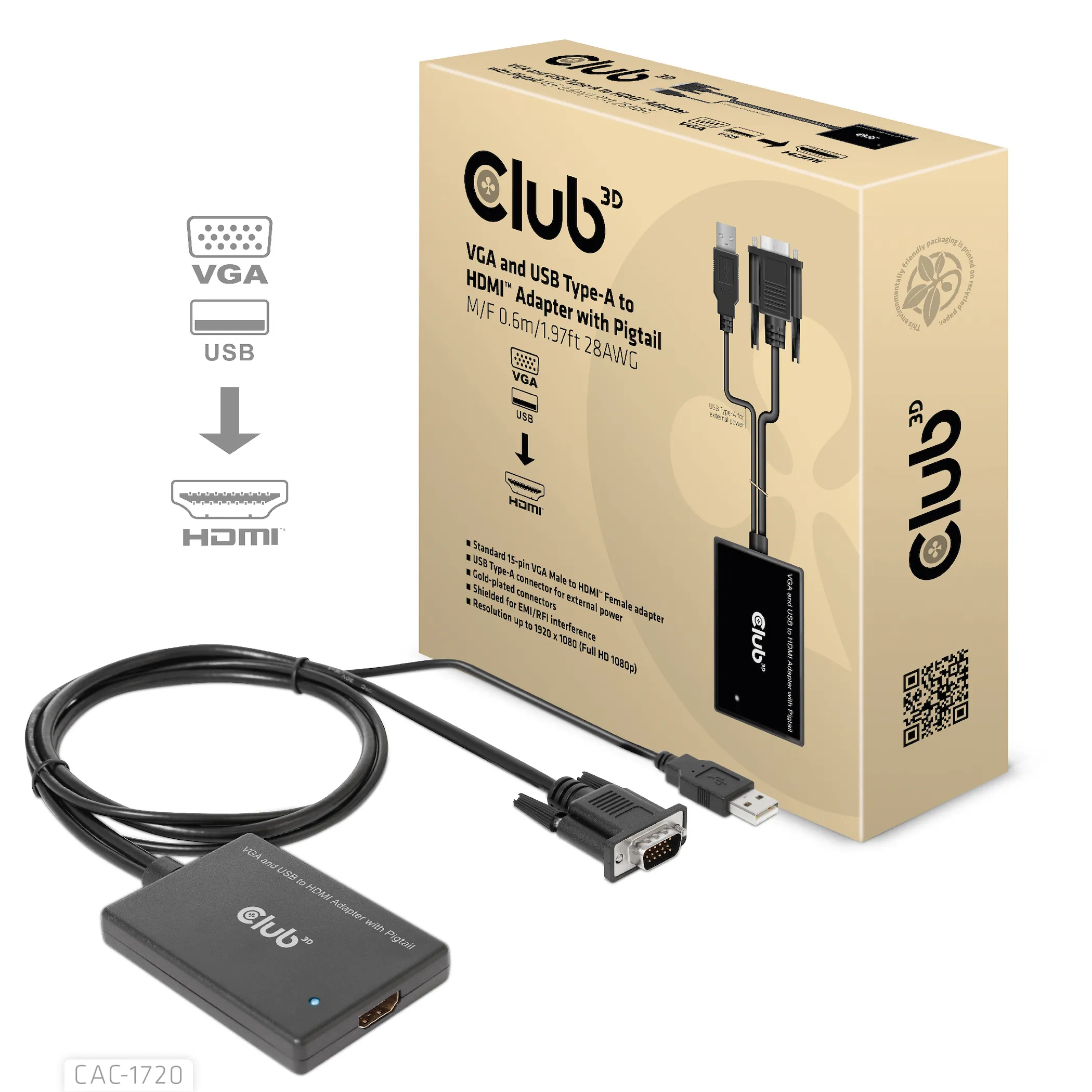 Club 3D VGA + USB-A - HDMI - adapter, Black