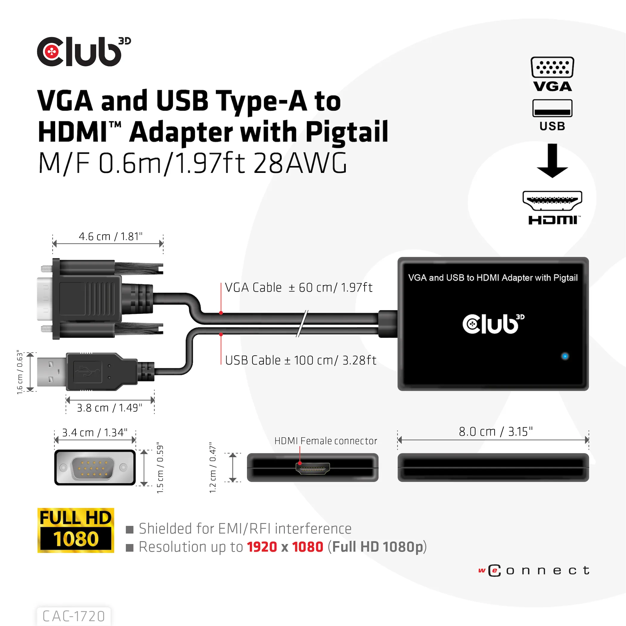 Club 3D VGA + USB-A - HDMI - adapter, Black