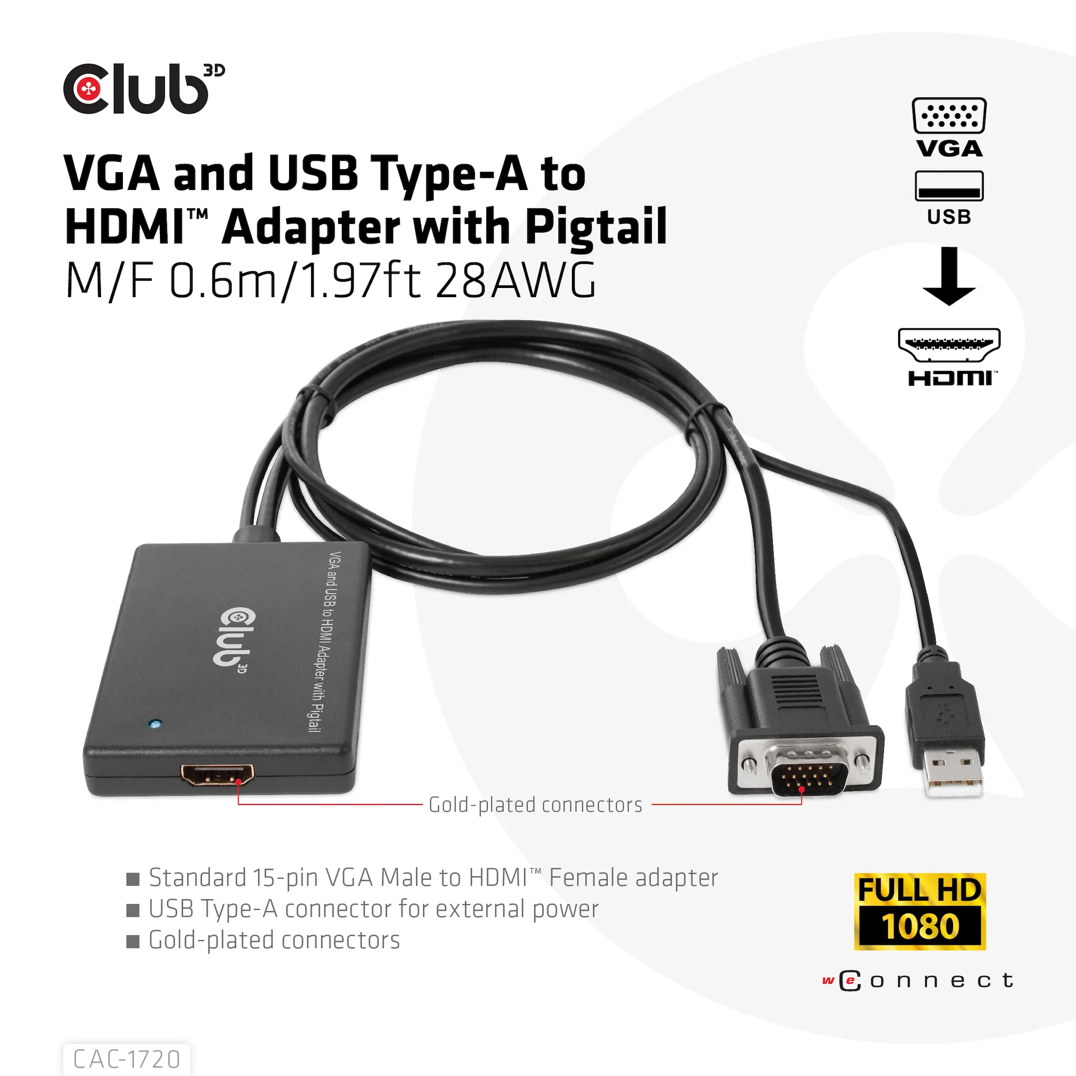 Club 3D VGA + USB-A - HDMI - adapter, Black