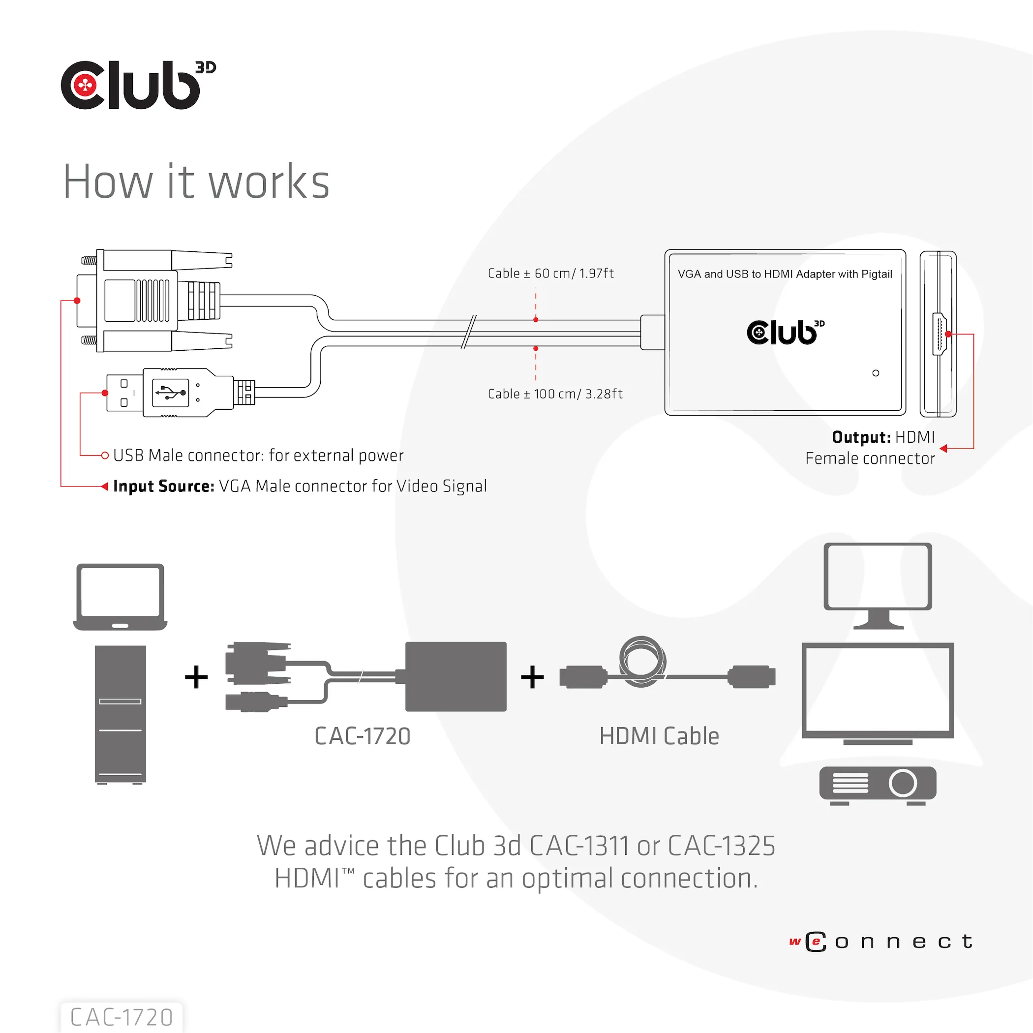 Club 3D VGA + USB-A - HDMI - adapter, Black