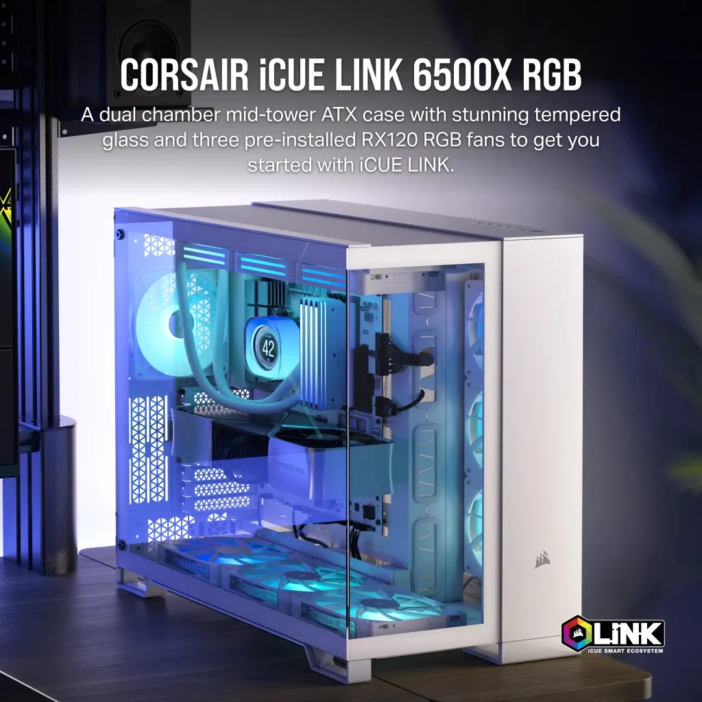 Corsair iCUE LINK 6500X RGB Tempered Glass - midi chassi, f&ouml;nster, vit