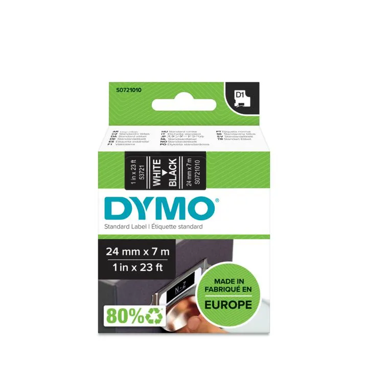 DYMO D1 merkkausteippi 24 mm, musta teippi/valk teksti, 7 m
