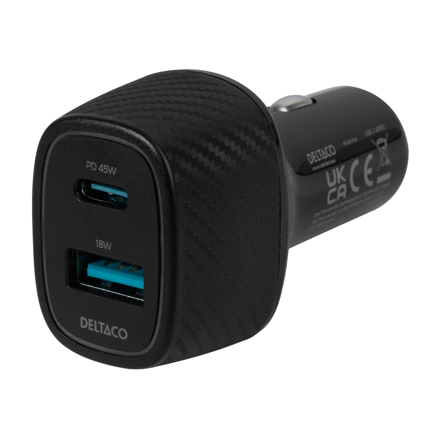 DELTACO USB car charger, 1x USB-A 18 W, 1x USB-C PD 45 W, total 63 W