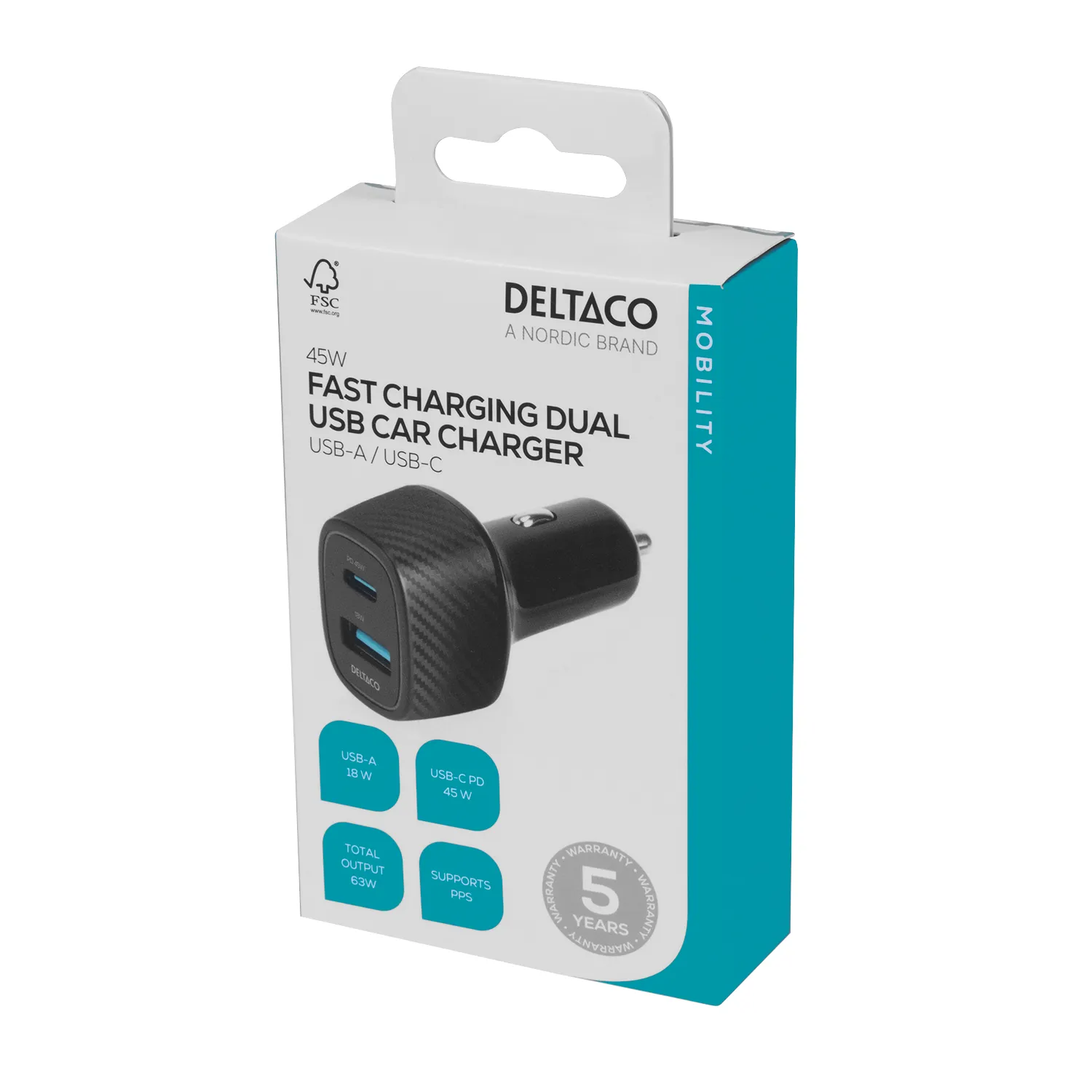 DELTACO USB car charger, 1x USB-A 18 W, 1x USB-C PD 45 W, total 63 W