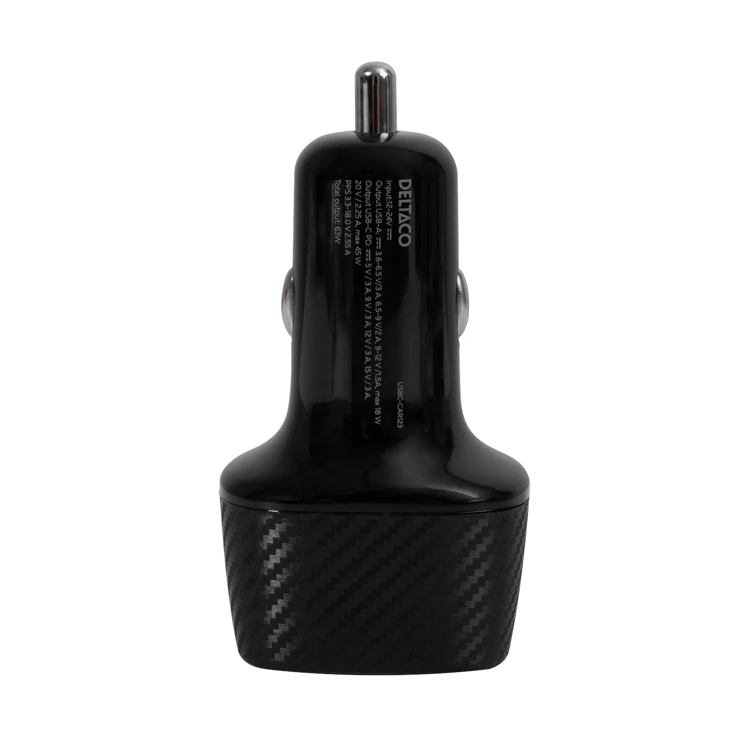 DELTACO USB car charger, 1x USB-A 18 W, 1x USB-C PD 45 W, total 63 W