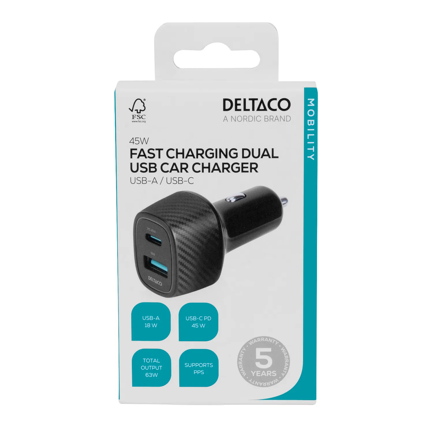 DELTACO USB car charger, 1x USB-A 18 W, 1x USB-C PD 45 W, total 63 W