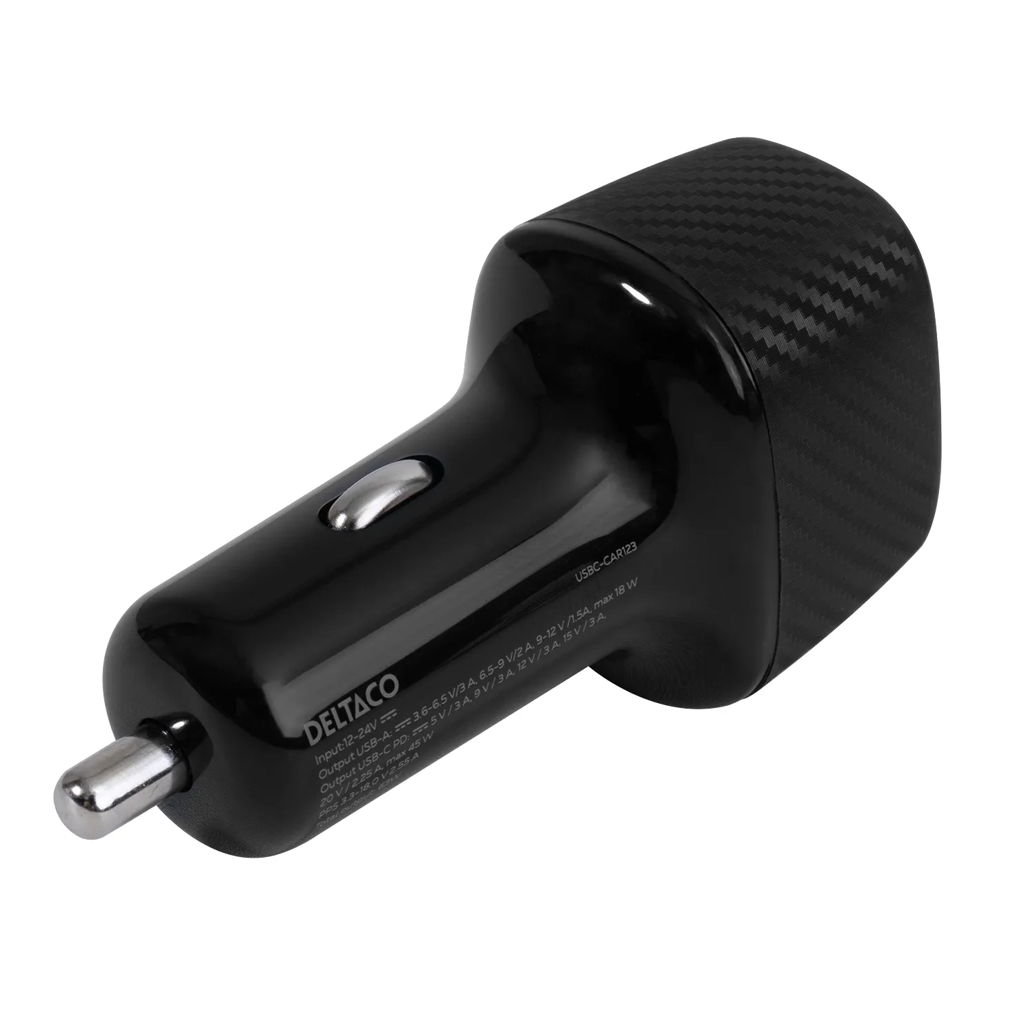 DELTACO USB car charger, 1x USB-A 18 W, 1x USB-C PD 45 W, total 63 W