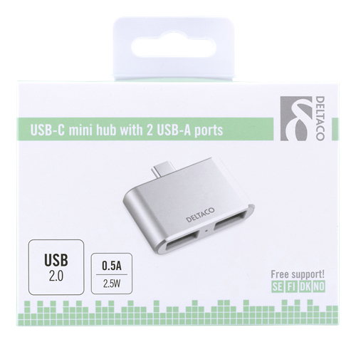 Deltaco USB-C mini hubb, 2x USB-A 2,0, 480 Mbps, 0,5A, silver