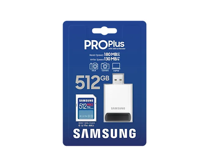 Samsung PRO Plus 512 GB SDXC UHS-I U3 V30 Class 10 A2 kort, vit