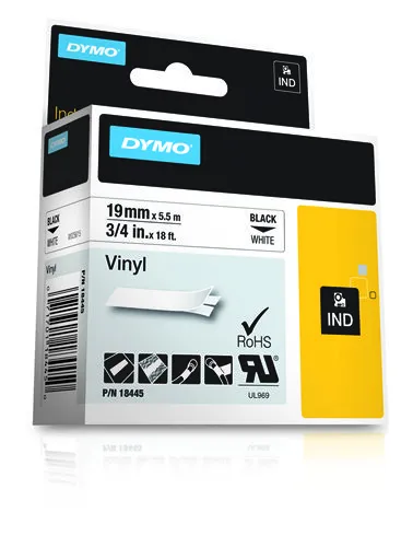 DYMO RhinoPRO m&auml;rktejp perm vinyl 19mm, svart p&aring; vitt, 5.5m rulle