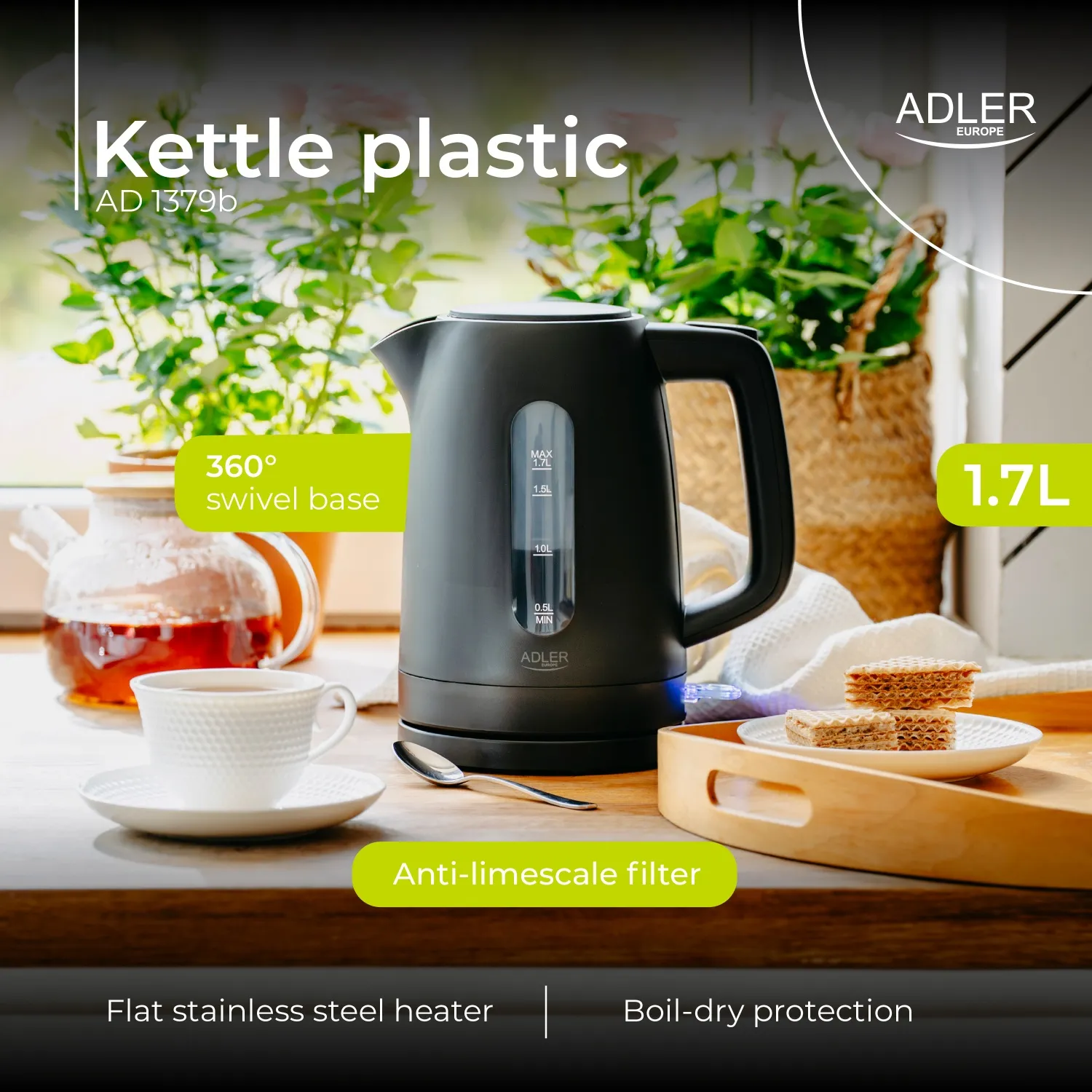 ADLER AD 1379B kettle, 1.7L, 2200W, Black