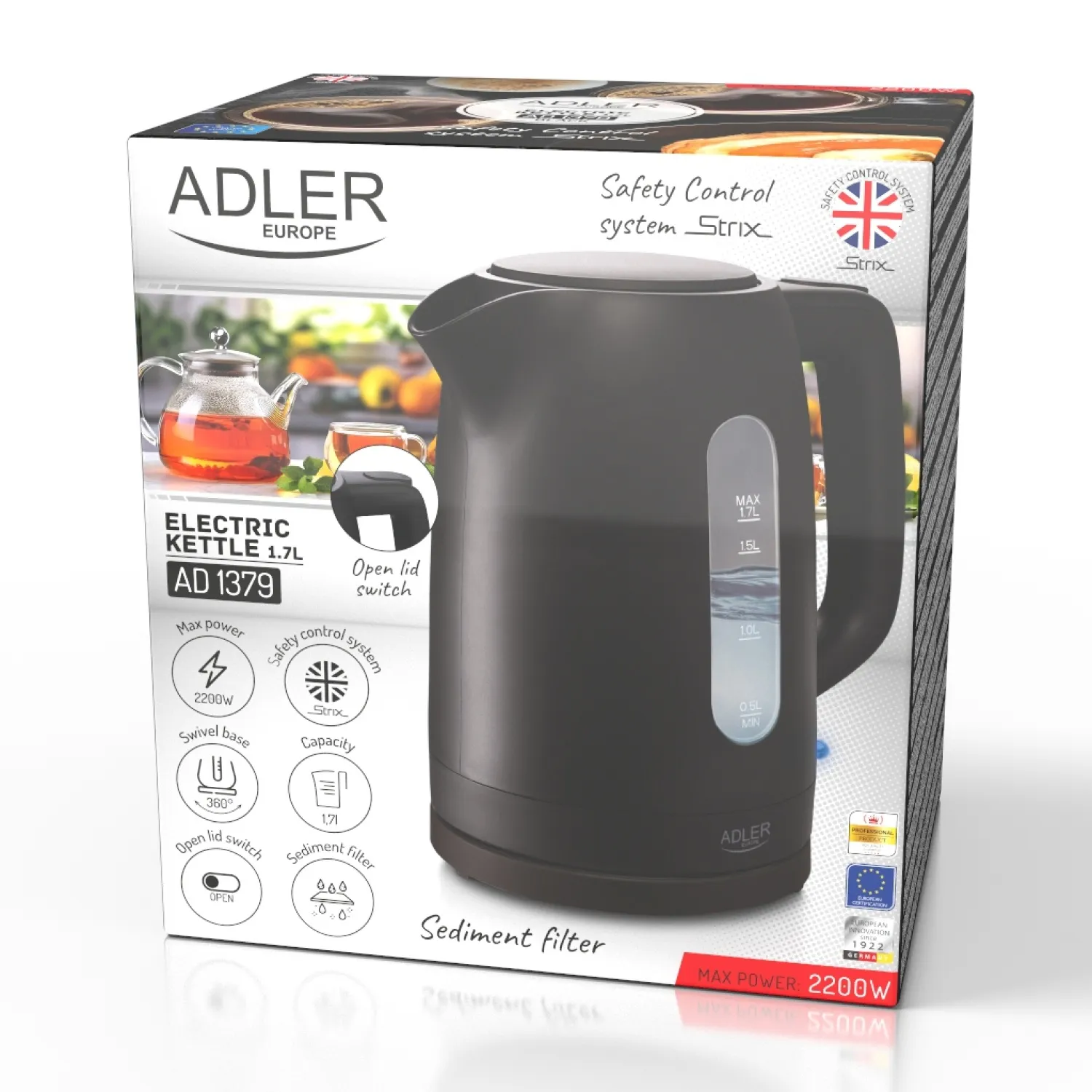 ADLER AD 1379B kettle, 1.7L, 2200W, Black