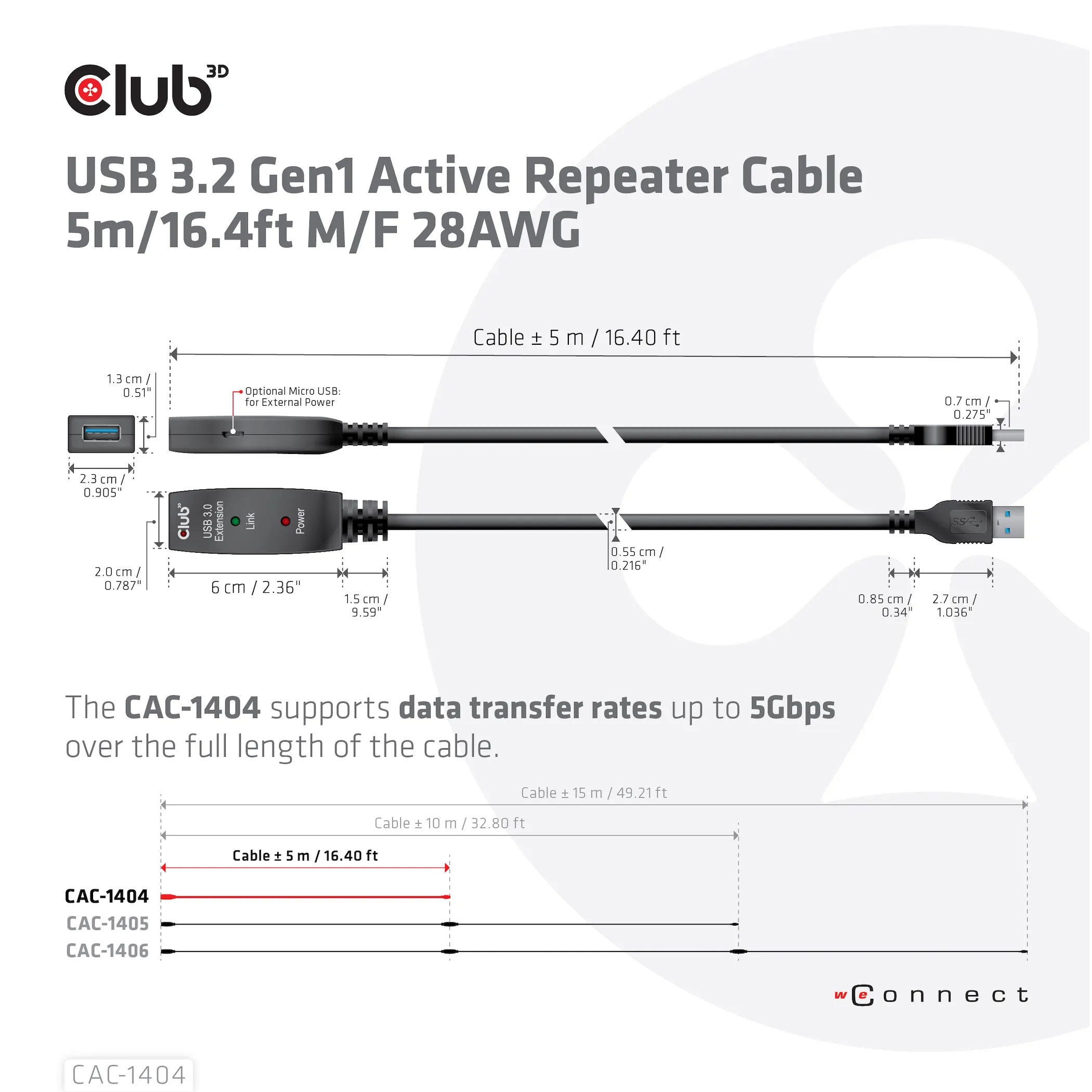 Club 3D Active Repeater 3.2 Gen1 USB-A, aktiivinen, uros-naaras -jatkokaapeli, Musta, 5m