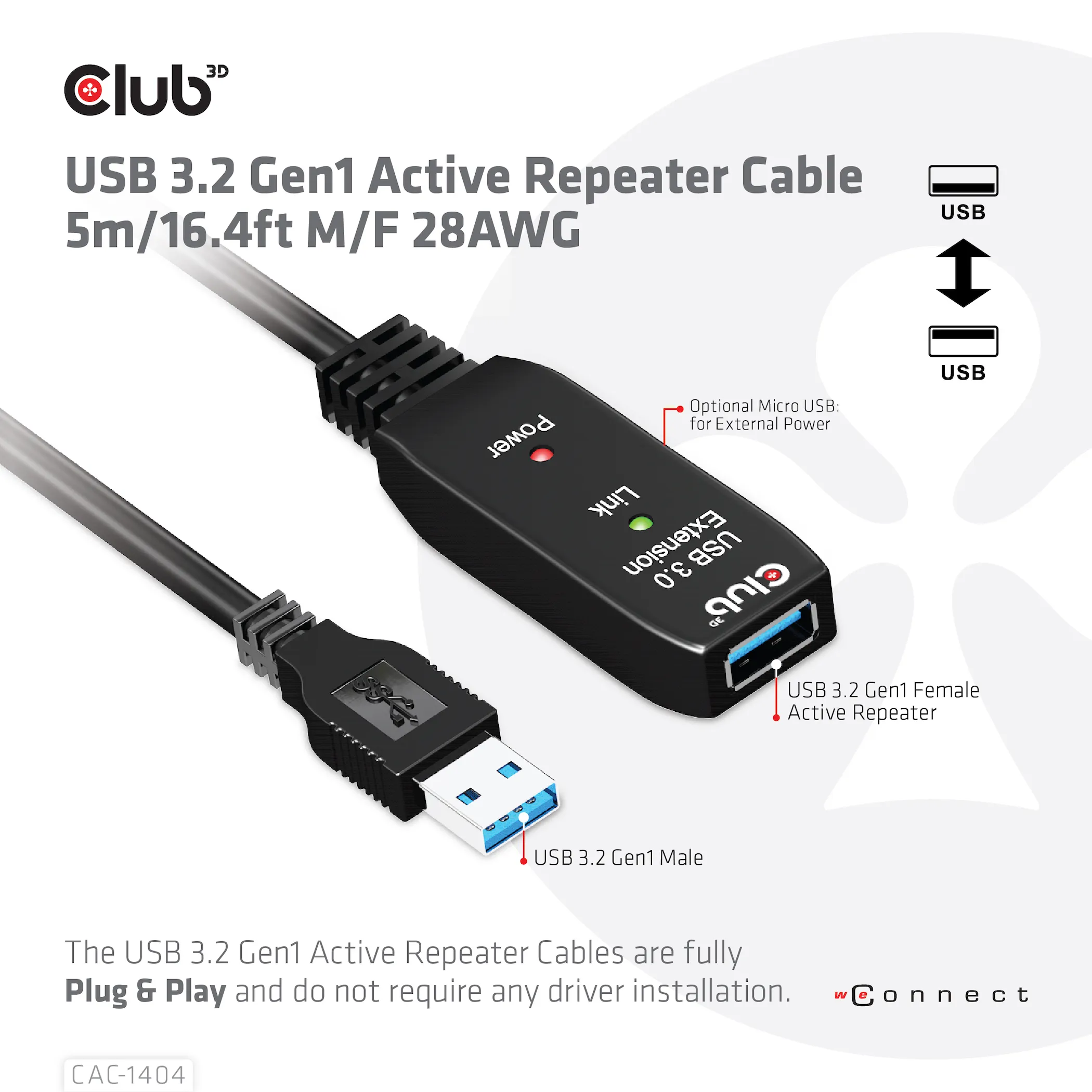Club 3D Active Repeater 3.2 Gen1 USB-A, aktiivinen, uros-naaras -jatkokaapeli, Musta, 5m