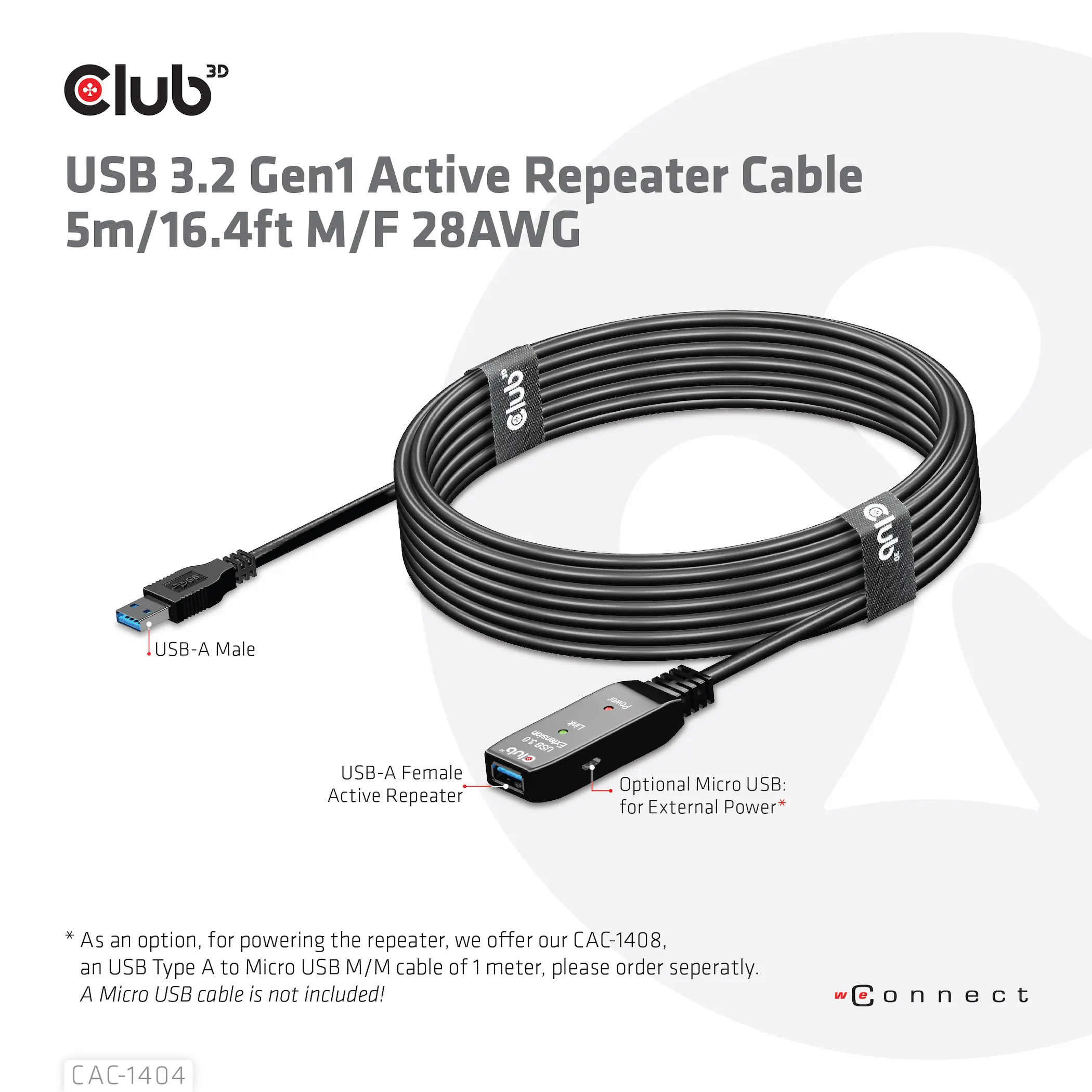 Club 3D Active Repeater 3.2 Gen1 USB-A, aktiivinen, uros-naaras -jatkokaapeli, Musta, 5m