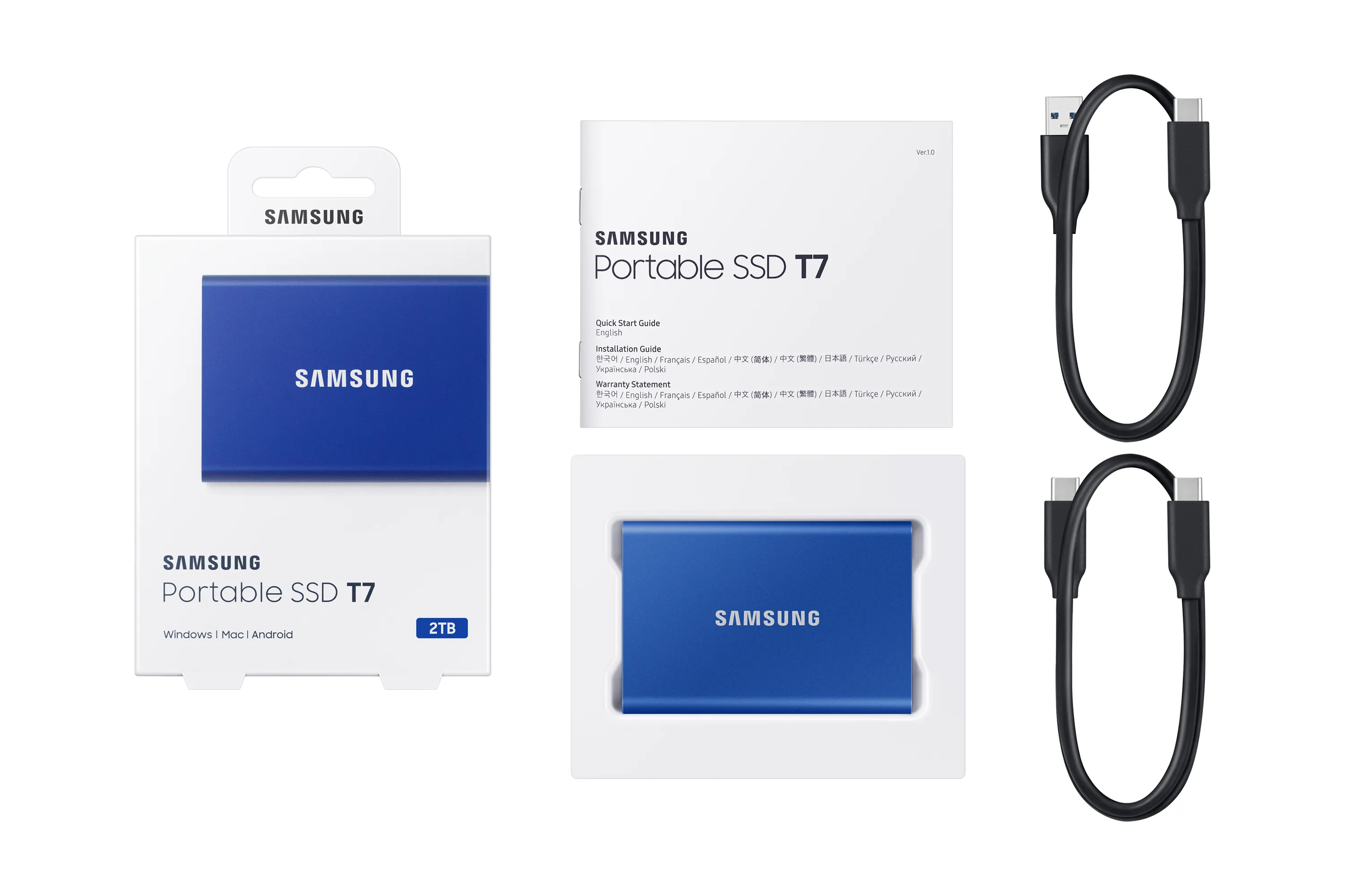 Samsung T7 2 TB extern SSD med USB 3.2 Gen 2, portabel, med h&aring;rdvarukryptering, med l&ouml;senordsskydd, f&ouml;r konsolspel, bl&aring;