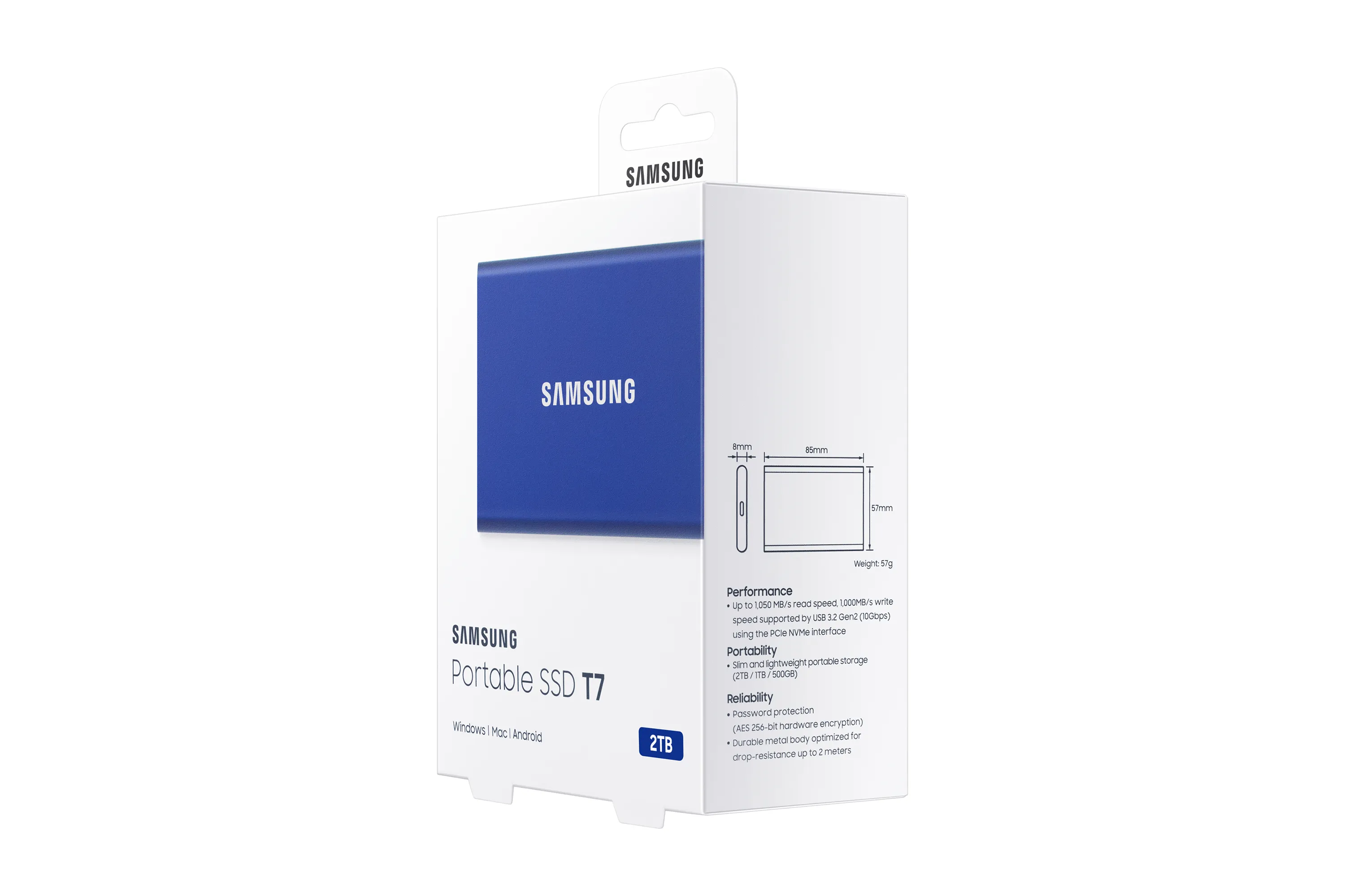 Samsung T7 2 TB extern SSD med USB 3.2 Gen 2, portabel, med h&aring;rdvarukryptering, med l&ouml;senordsskydd, f&ouml;r konsolspel, bl&aring;
