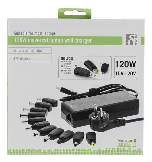DELTACO kannettavan laturi, 15-20V 8A 120W LED-näyttö, musta