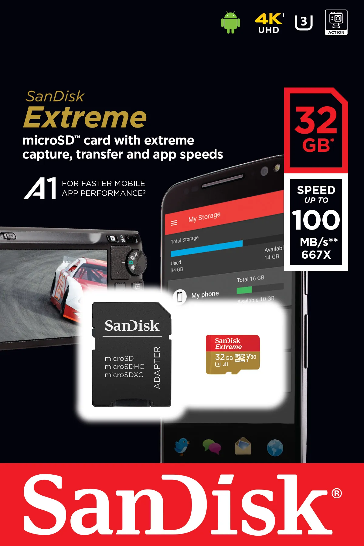 SanDisk Extreme 32 Gt MicroSDHC -muistikortti + SD-adapteri