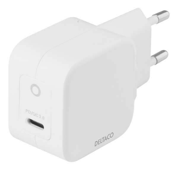 DELTACO USB-C wall charger, GaN technology, 1x USB-C PD, 30 W, white