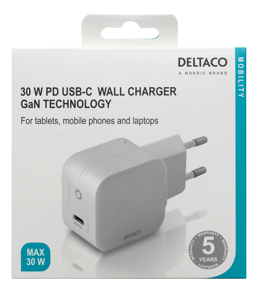 DELTACO USB-C wall charger, GaN technology, 1x USB-C PD, 30 W, white