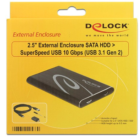 DeLOCK ext kabinett 1x2,5&quot; SATA-HDD, USB 3.1 Gen2, max 9,5mm, svart