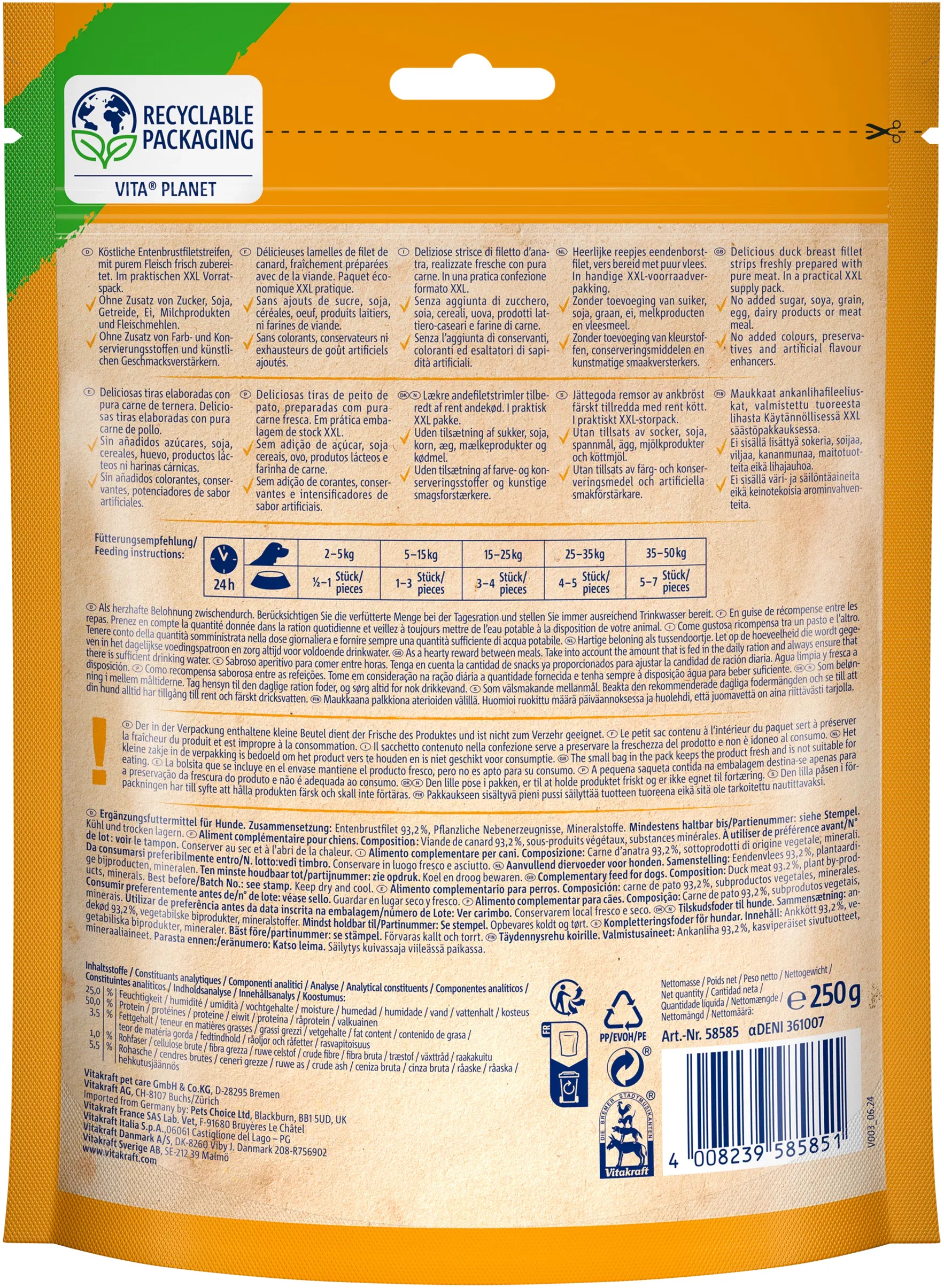 Vitakraft pure DUCK XXL Duck Fillets, Adult, Grain Free, 250g