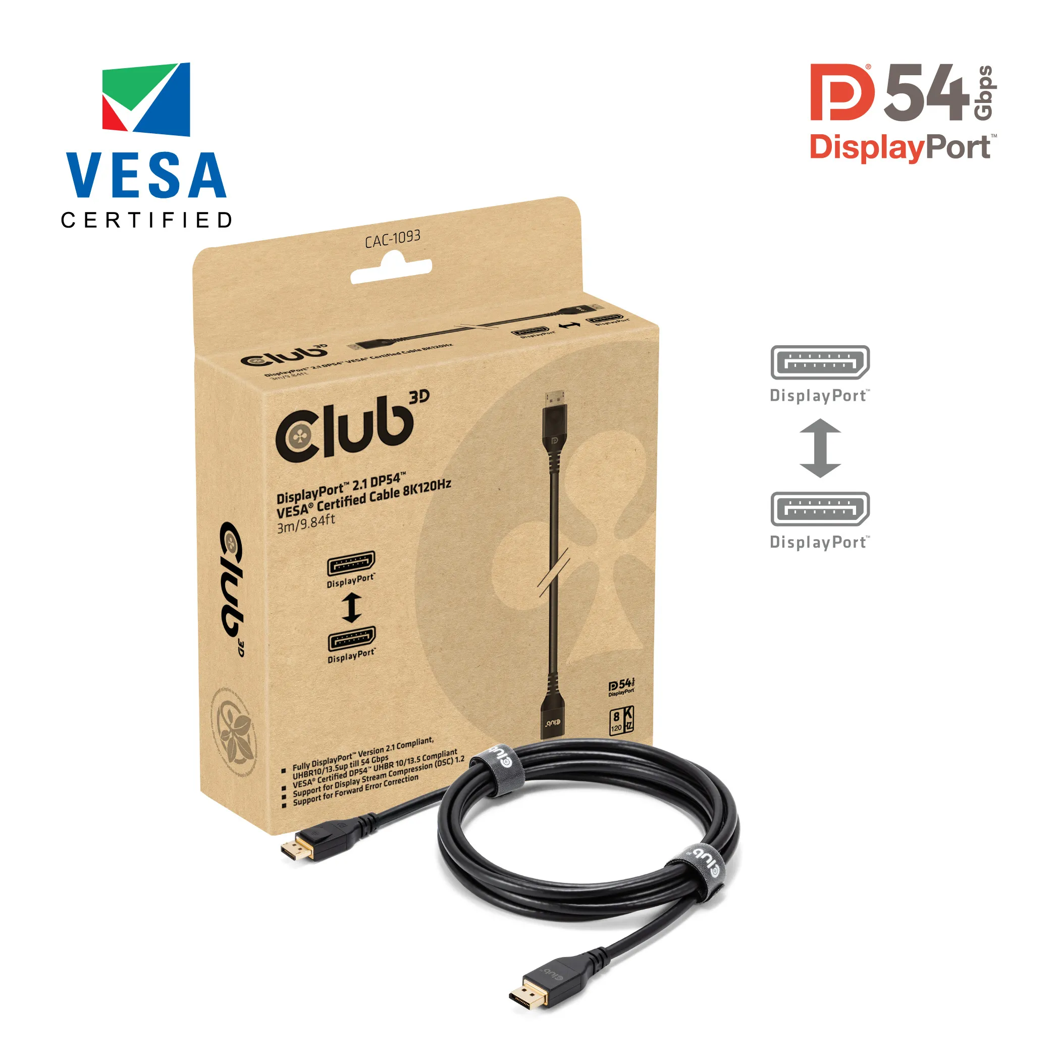 Club 3D CAC-1093 DisplayPort 2.1 cable, 8K, 165 Hz, 3 m, Black
