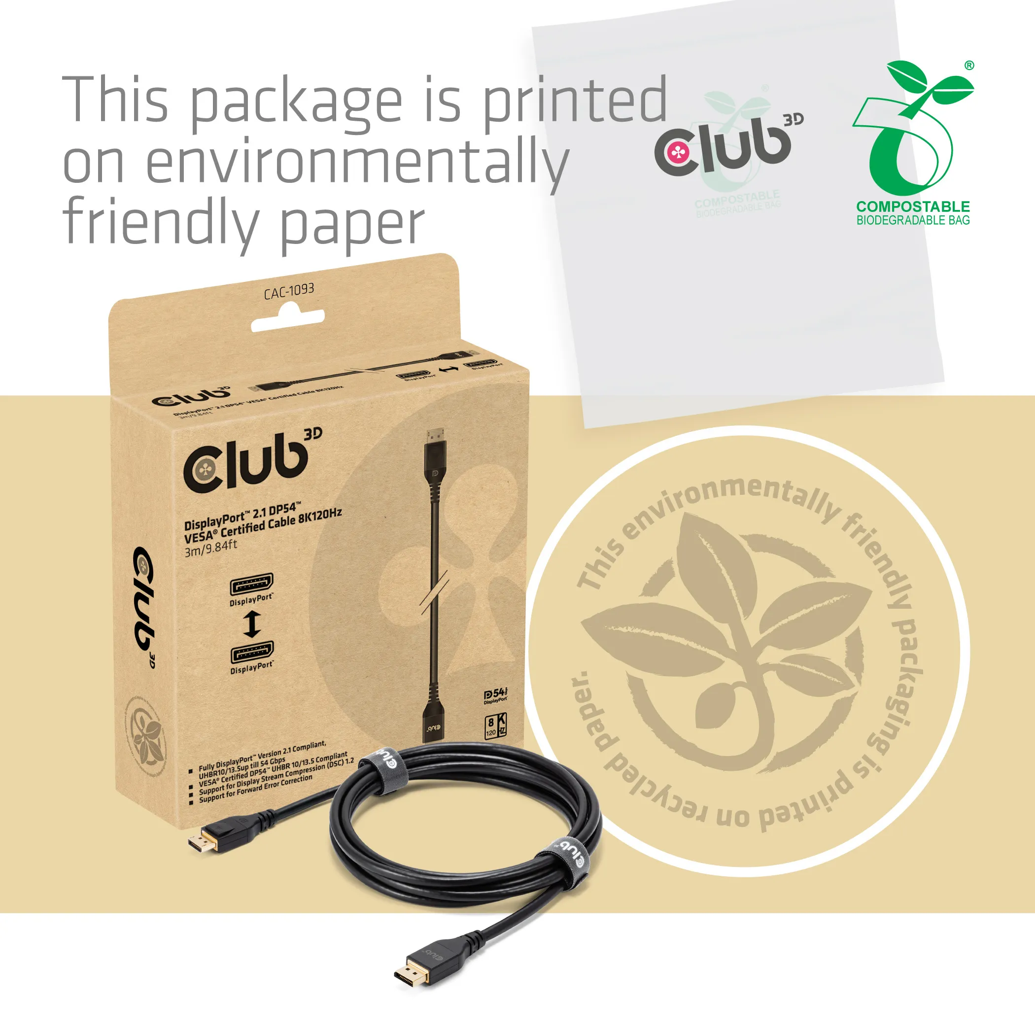 Club 3D CAC-1093 DisplayPort 2.1 cable, 8K, 165 Hz, 3 m, Black