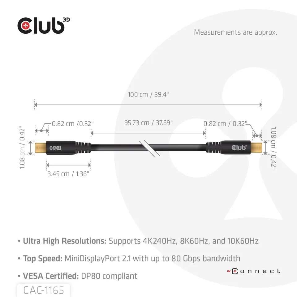 Club 3D Mini DisplayPort 2.1 DP80 10K 60Hz - cable, Black, 1m