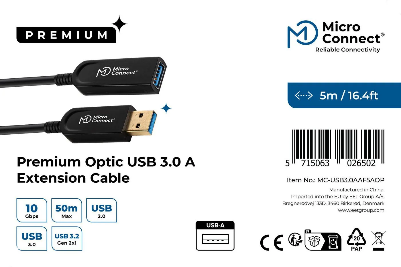 MicroConnect Premium Optic MC-USB3.0AAF5AOP USB-A -jatkokaapeli, 5 m, musta
