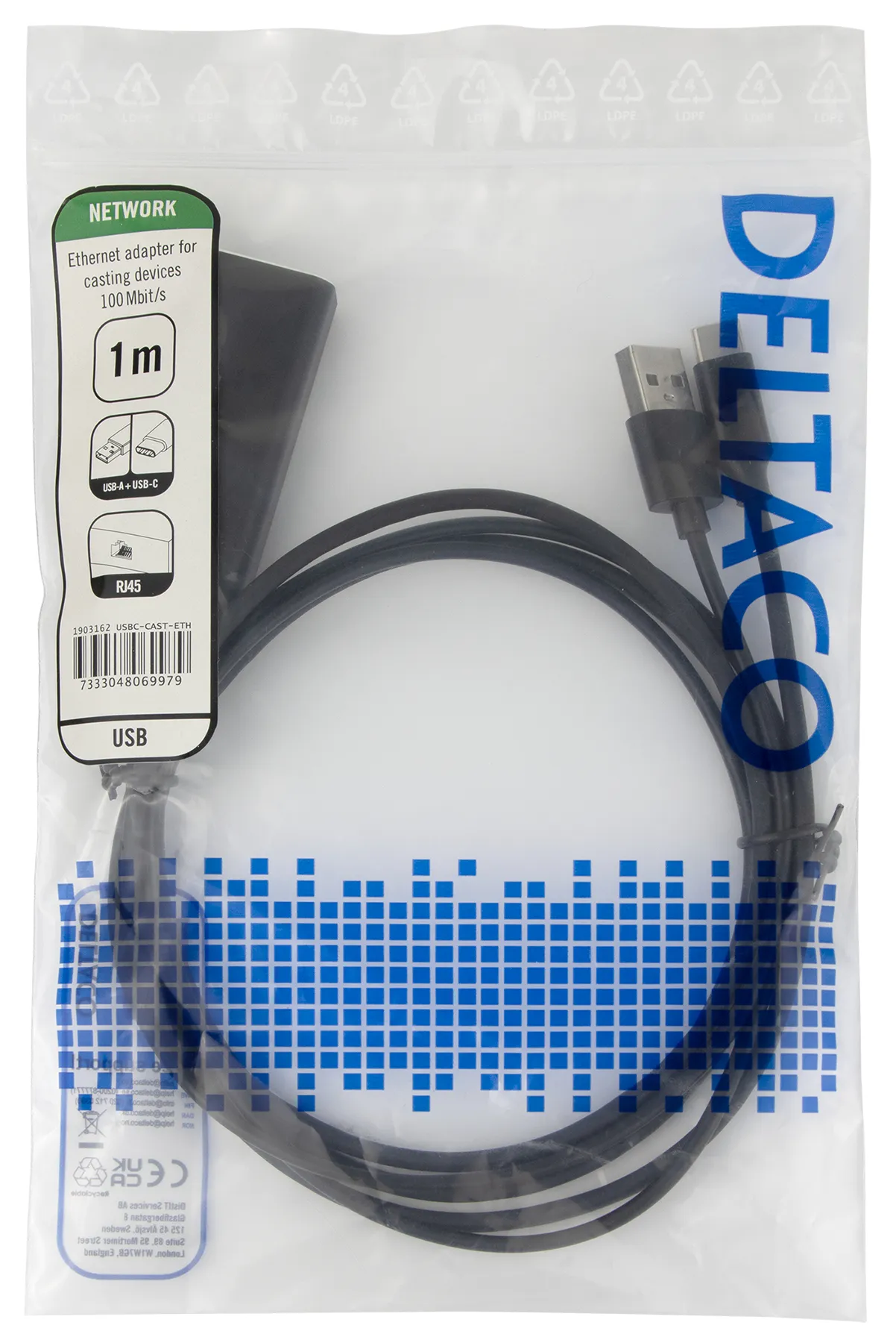 DELTACO Ethernet adapter casting device 1m 100 Mbps USB-A + USB-C