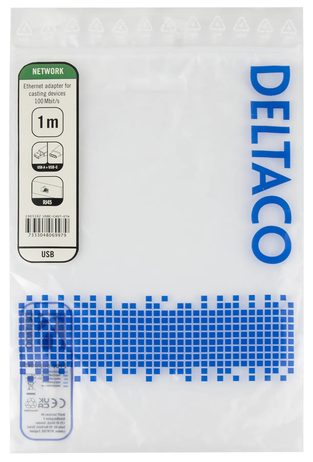 DELTACO Ethernet adapter casting device 1m 100 Mbps USB-A + USB-C